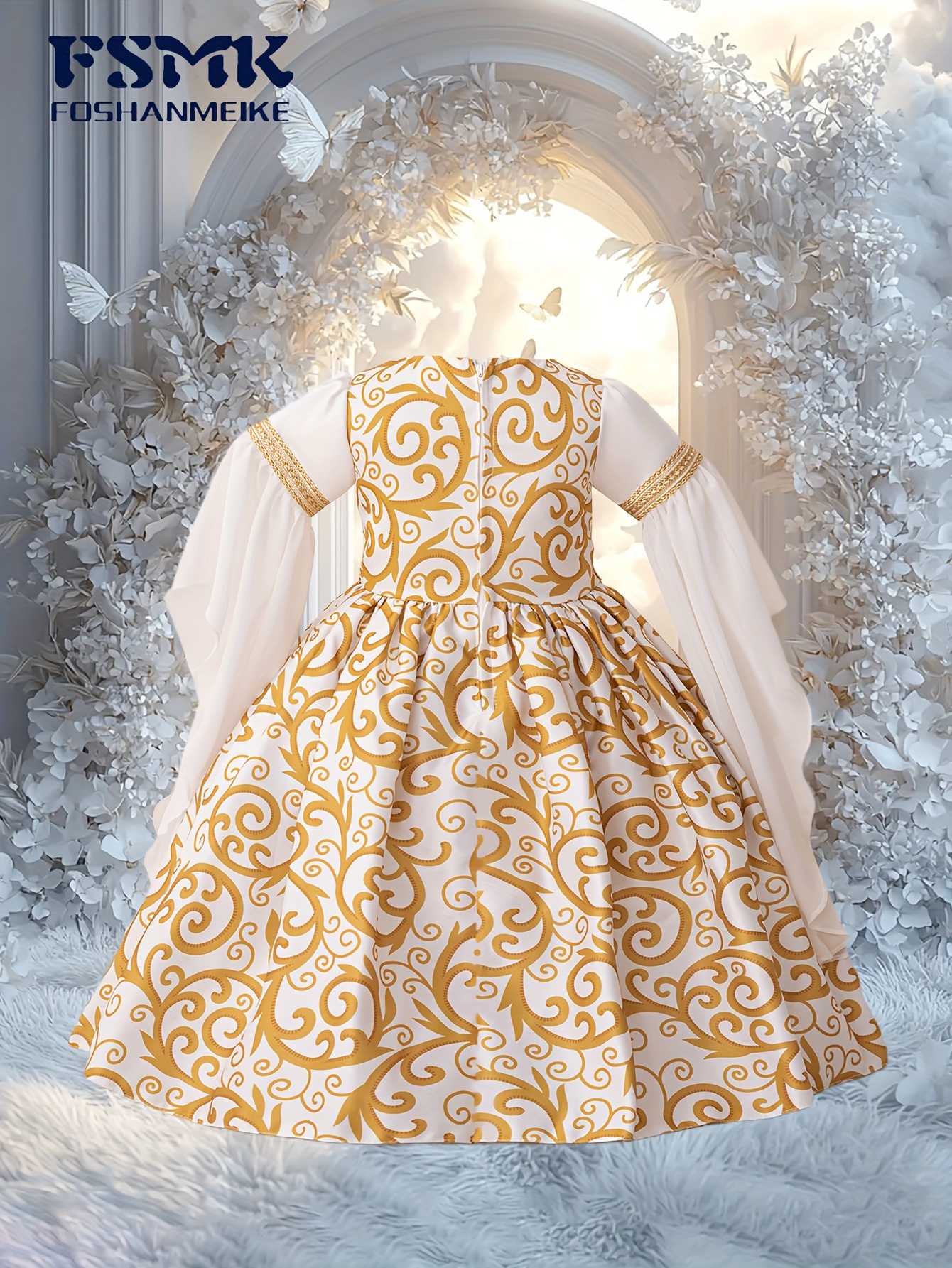 girls white golden floral print arabic kaftan dress - Temu United Arab  Emirates