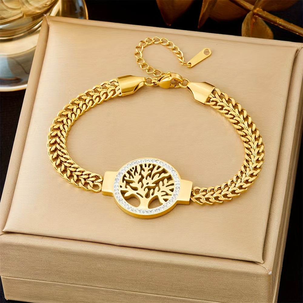 E-shop Goldenes Edelstahl-Armband mit Lebensbaum und Kristallakzenten – Eleganter Hip-Hop-Luxusstil, Ideal für Partykleidung und Geschenke,