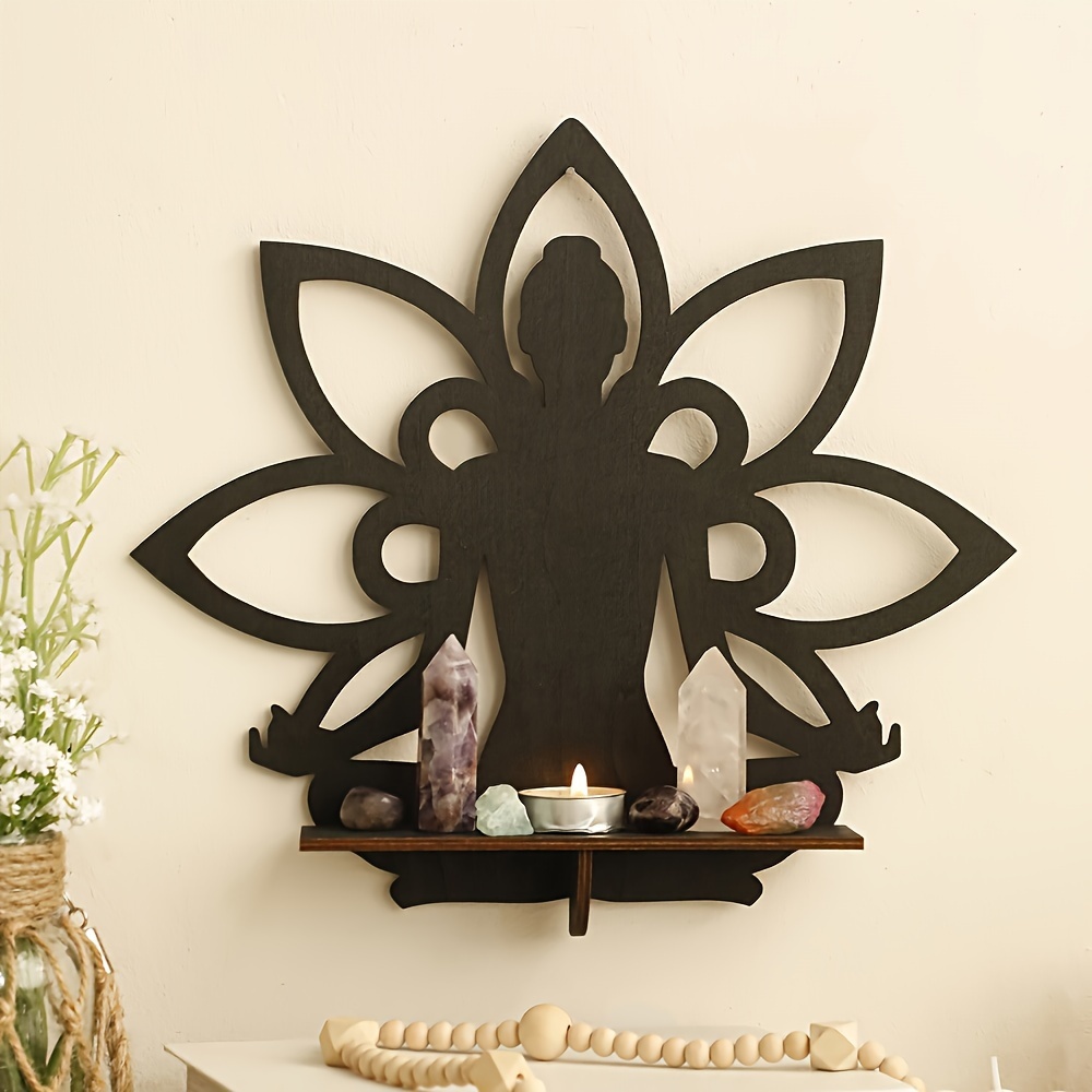 bohemian wooden lotus wall shelf minimalist room decor details 4