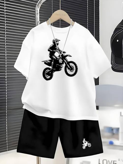 2 komada dječji motocross ekstremna vožnja silueta set | crna s grafikom motocikliste u zraku + cool biker stil kratke hlače s logom serije, za van
