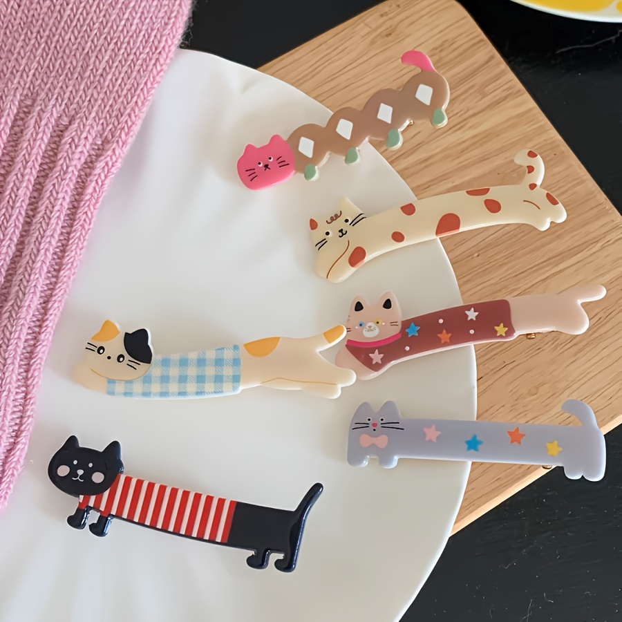 

6pcs Ladies Acrylic Hair Clips - Japanese & Korean Cartoon Long Cat Duck Beak Design - Cute & Minimalist - Rectangle Shape - Animal Print - Suitable For Ages 14+ - Set Of 6