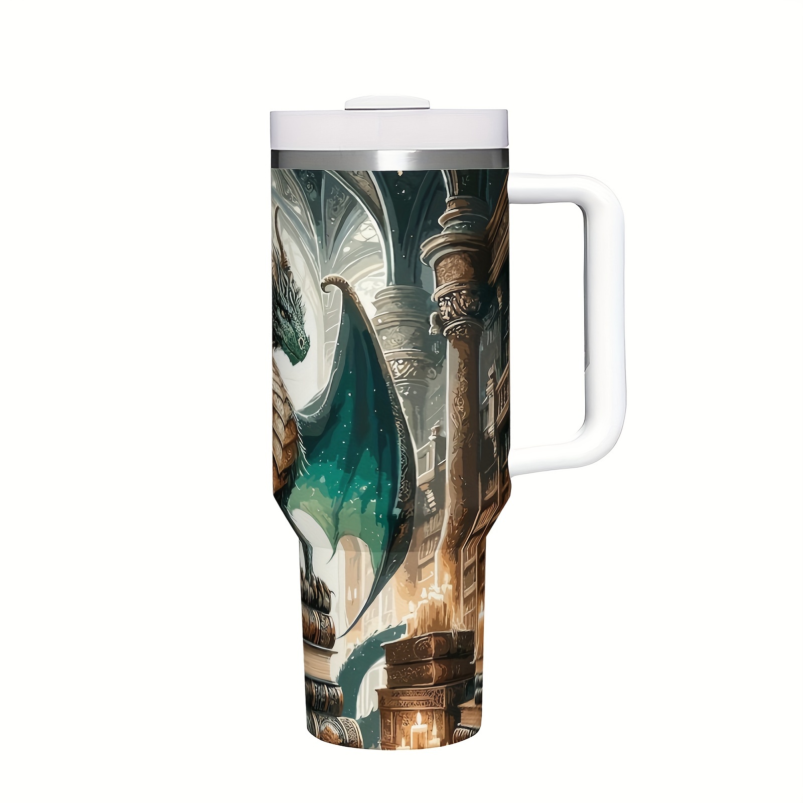 

Dragon-themed 40oz Stainless Steel Insulated With Handle & Straw - Leakproof, Anti-slip Travel Mug For Hot And Cold Drinks - Perfect Gift For Fans