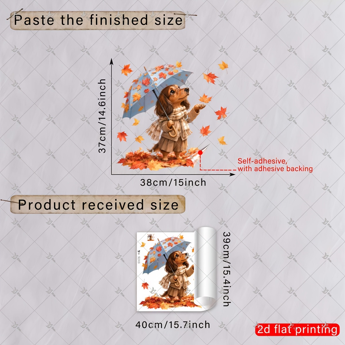TEMU 2d Flat, 1pc 2d Flat Printed Autumn 39*40cm Window Sticker With Dachshund Holding Umbrella & , Creative Diy Self-adhesive Removable Double-sided