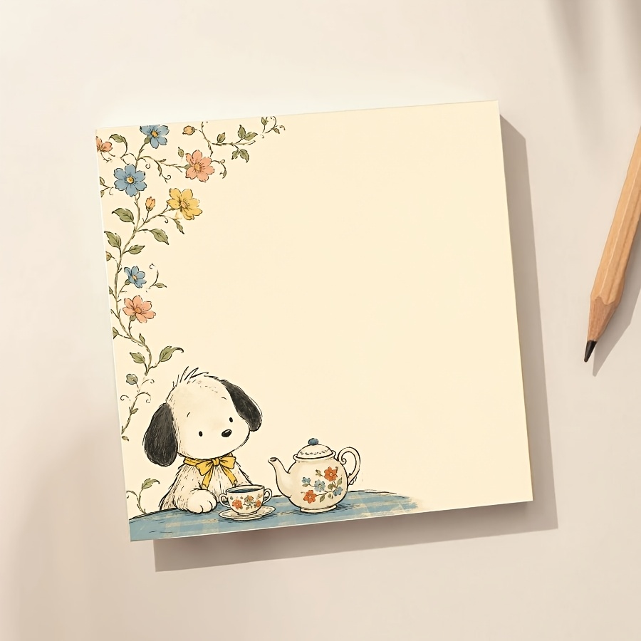 TEMU Cottagecore Puppy Tea Party Memo Pad, Floral Vintage Aesthetic Writing Pad, Cute Dog & Teapot Desk Notepad, Lined Journal Paper For To Do Lists,