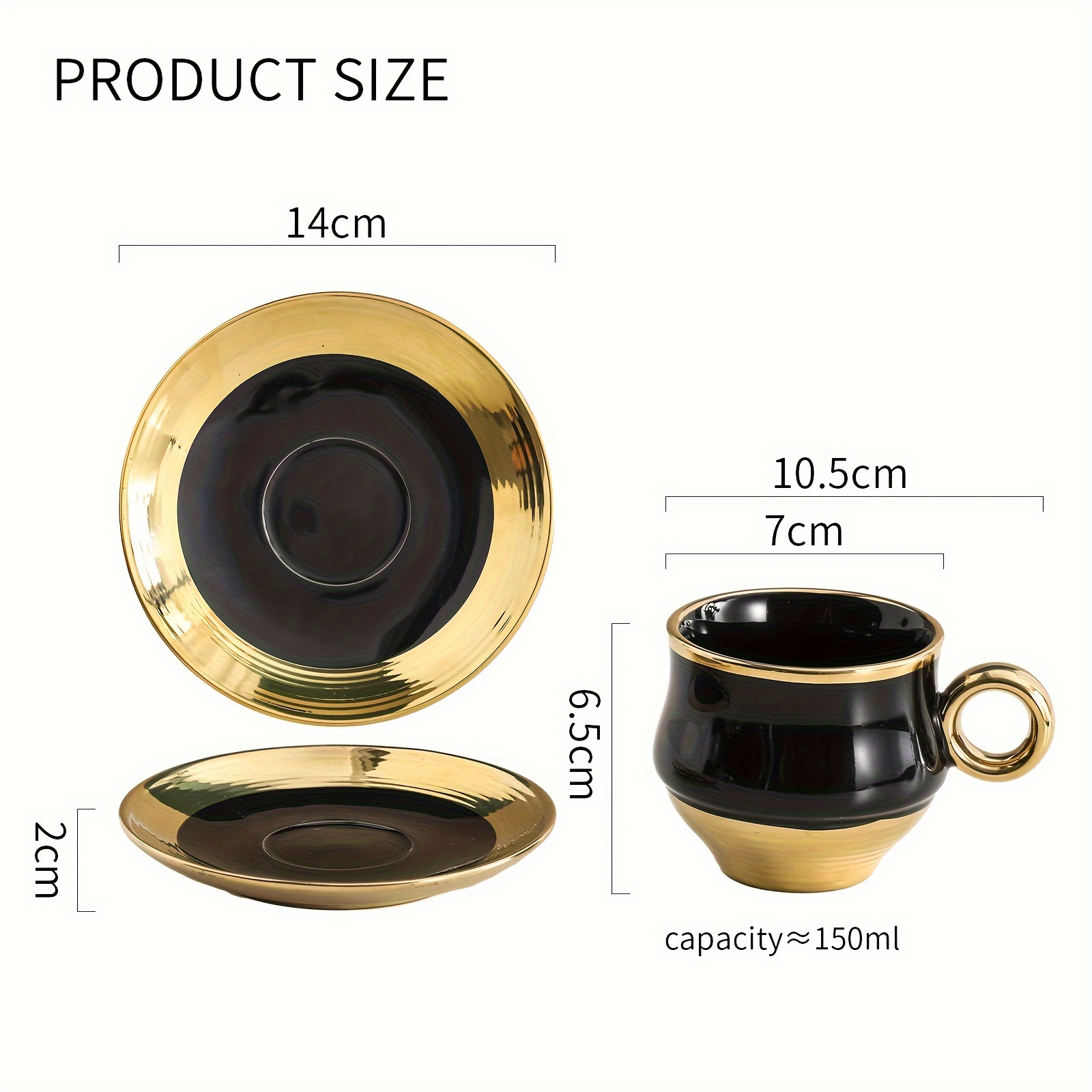 elegant gold trimmed black ceramic coffee cup and saucer set hand wash only bpa free microwave safe insulated easter theme reusable graphic pattern oval shaped multipurpose use for cold beverages ideal for adults luxury business gift 6 cups 6 saucers 150ml 5 29oz details 0