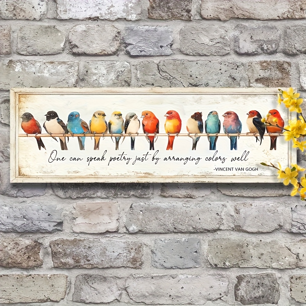 TEMU 1 Pièce Décor Mural Vintage Ferme - Oiseaux Colorés sur Branche avec , Plaque en Bois Artificiel 12x4 Pouces, Facile à Installer pour