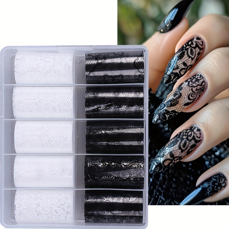 TEMU 10 Sheets Per Box Nail Art Transfer Paper Starry , Black White Lace Flower Pattern Nail Foil Nail Art Stickers, Nail Decals Nail Art Decoration,