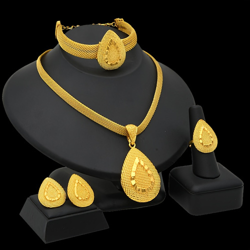 1 Necklace + 1 Bracelet + 1 Pair of Earrings + 1 Ring, Simple Arabic Style Jewelry Set, 4pcs Set, Gold-plated Teardrop Mesh Chain Pendant Design, Holiday Eid Gift, Party Accessory