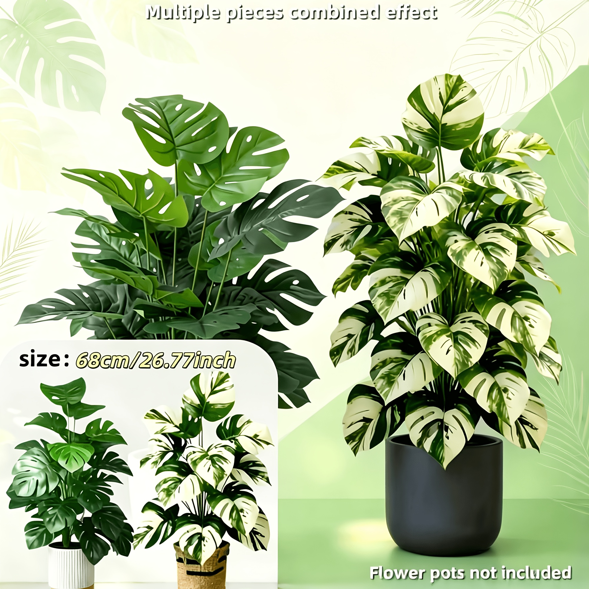 TEMU 2pcs High-quality Artificial - White Taro Monstera, Maintenance-free Tropical Plant Style Decorative Artificial Greenery With Faux Leaves,