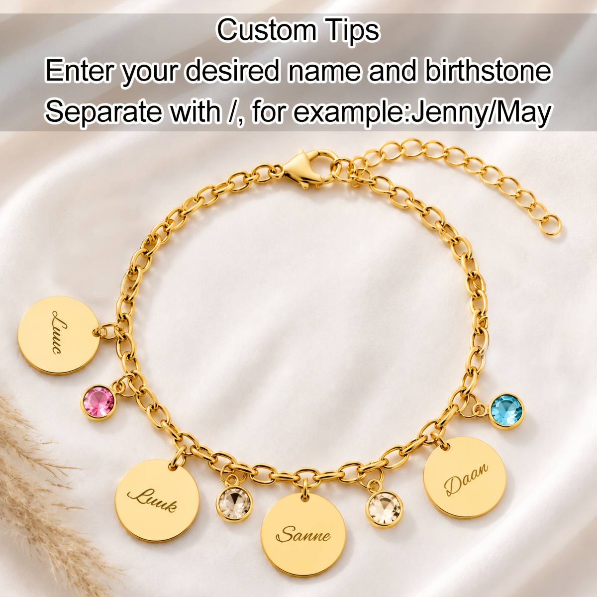 TEMU Zelf-bepaalde 1-6 Achternaam en Geboortesteen Damesmodearmband, Gepersonaliseerde Armband met Aangepaste Beginletter en Geboortemaandsteen, 18K