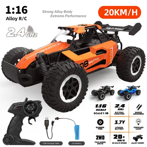 1 16 scale all terrain rc car with 2 4ghz radio alloy plastic construction 20km h high speed 2wd drift mode 30 c large tires for climbing drifting usb rechargeable 36v battery remote control charger gift for boys outdoor racing toy