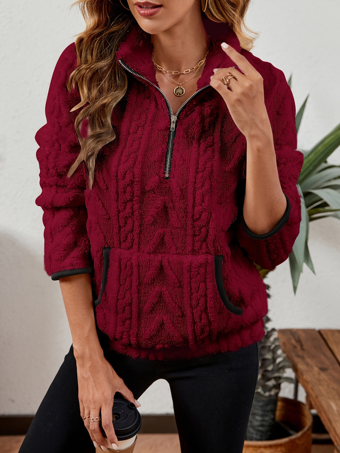 womens cozy fleece zip sweatshirt large pockets gray long Temu