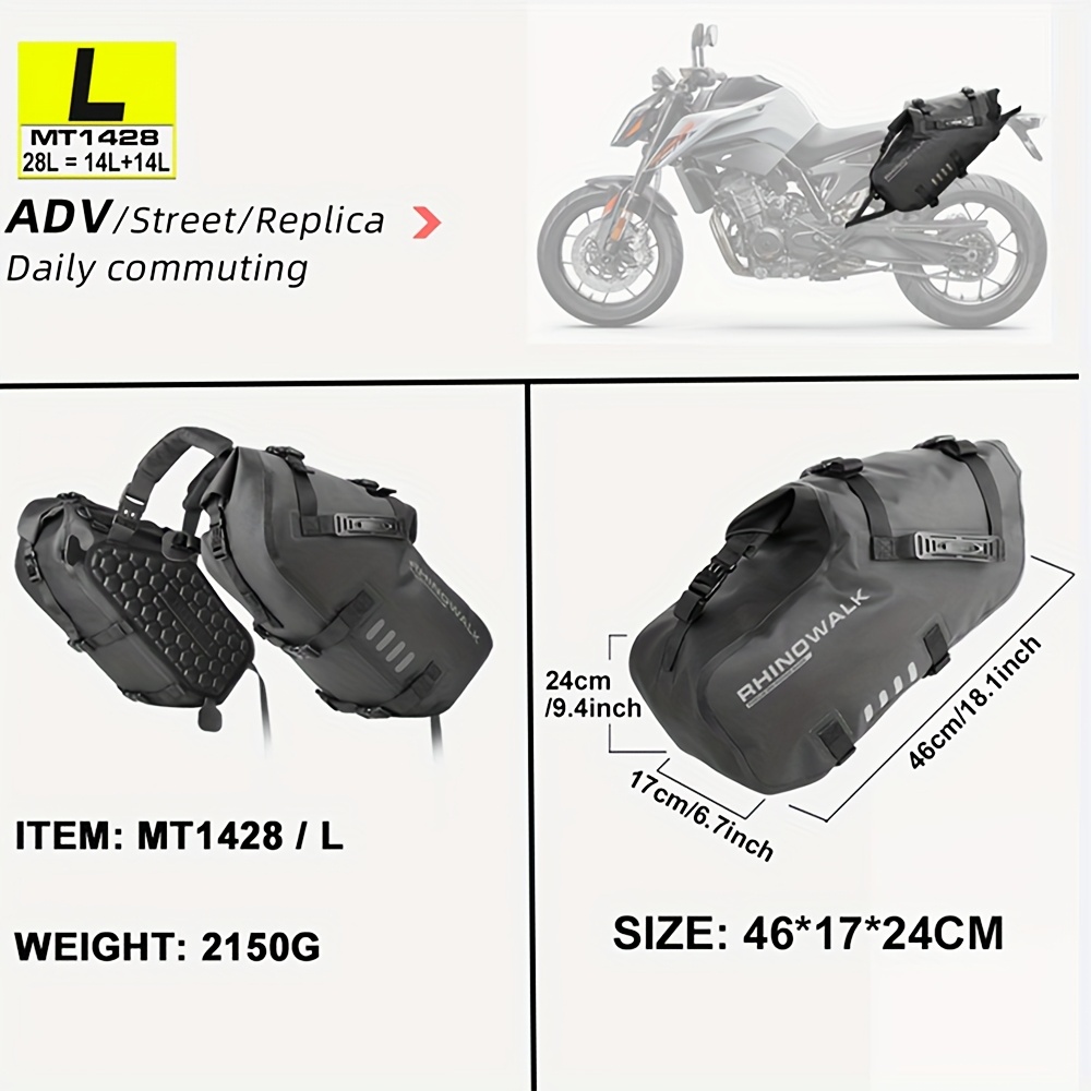 TEMU 2pcs Rhinowalk Large Capacity Motorcycle Bag - Portable Soft Motorcycle Side Cases With Zipper Closure, Compatible For 18l/28l/48l, Backpack For