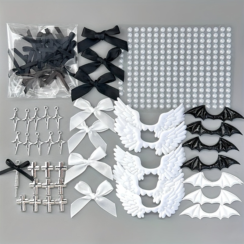 

Y2k Inspired 56-piece Black Diy Jewelry Making Kit: Wings, Bows & Pearl Chains