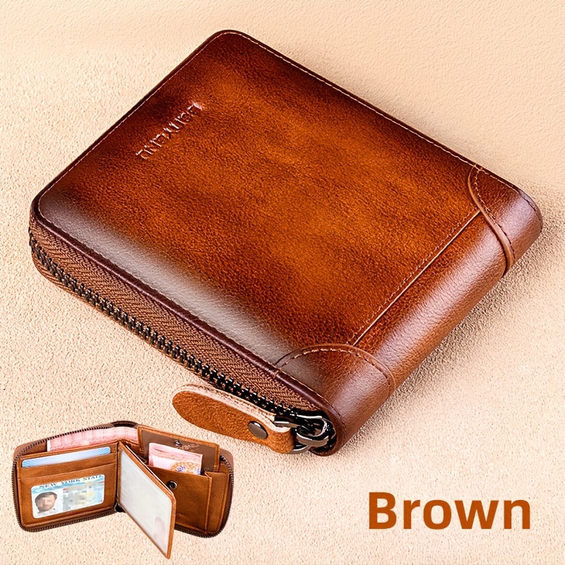 Men's Wallet Leather Short Zipper Multifunctional Wallet New Cowhide Large Capacity Wallet Card Bag Integrated