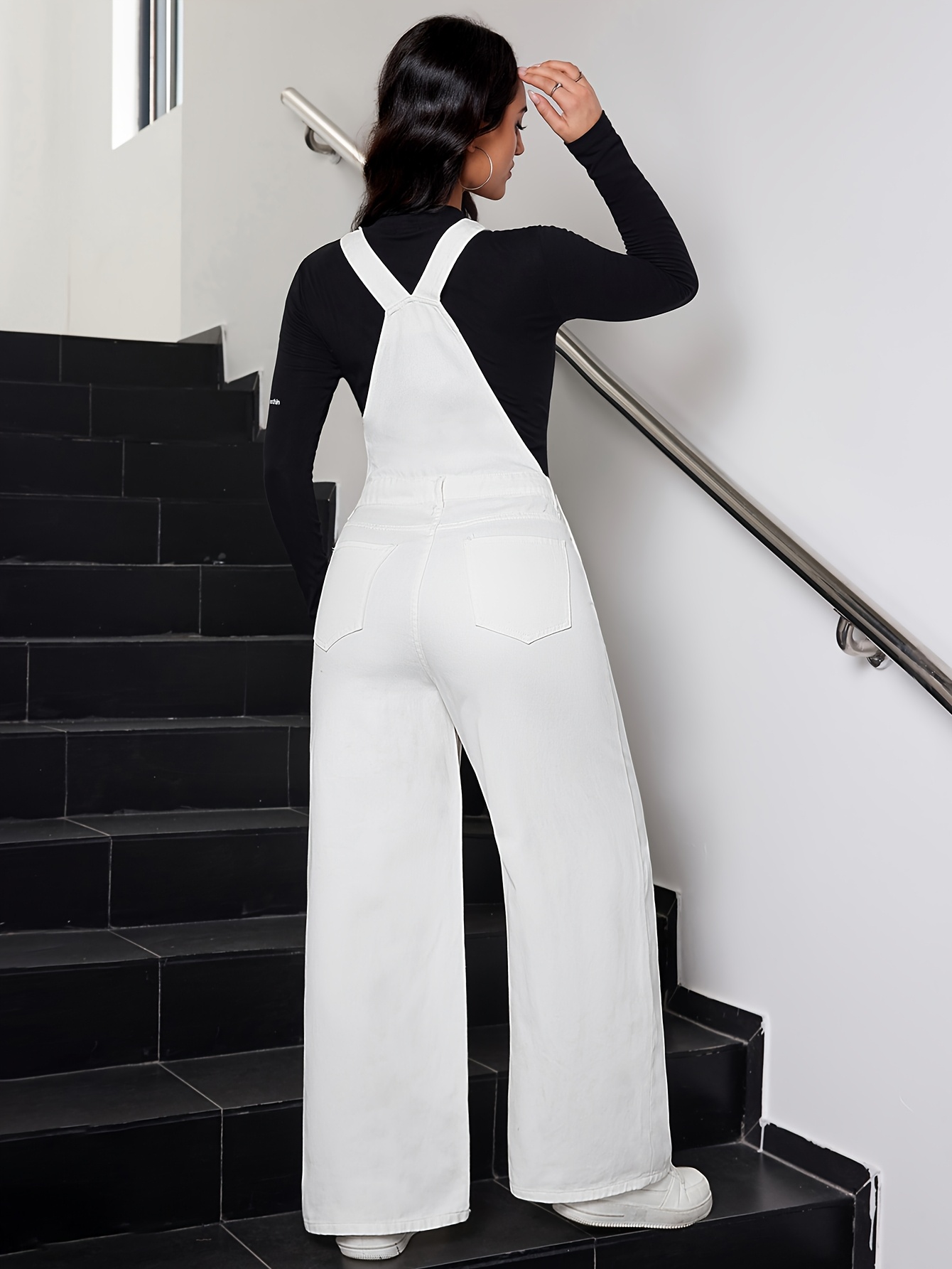 womens white fashionable elegant denim overalls details 2