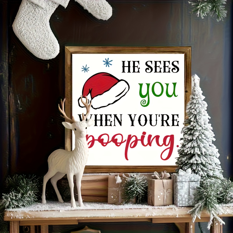 TEMU Funny Christmas Bathroom Decor - "he Sees You When You're Pooping" Wooden Wall Sign With Red Santa Hat, Farmhouse Holiday Decoration For