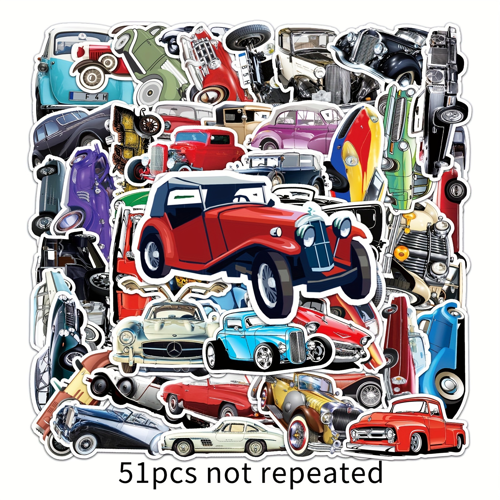 

51-piece Retro Classic Car Sticker Set - Durable Pvc Decals For Laptops, Scooters & Fridge Decor