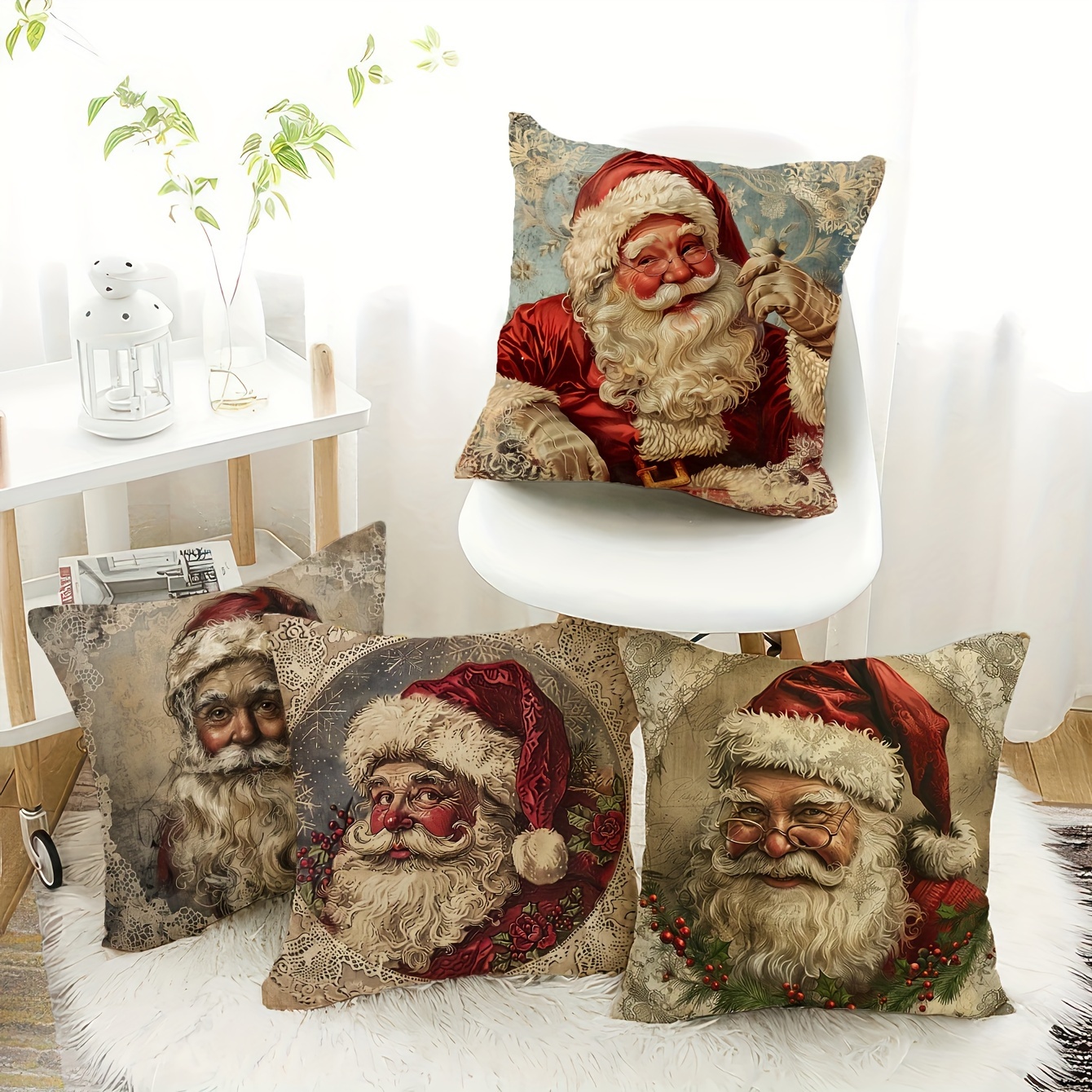 

4-pack Christmas Santa Throw Pillow Covers, Contemporary Reversible Zippered Cushion Cases, Machine Washable Polyester, Versatile For Sofas & Beds, 18x18 And 16x16 - Festive Home Decor