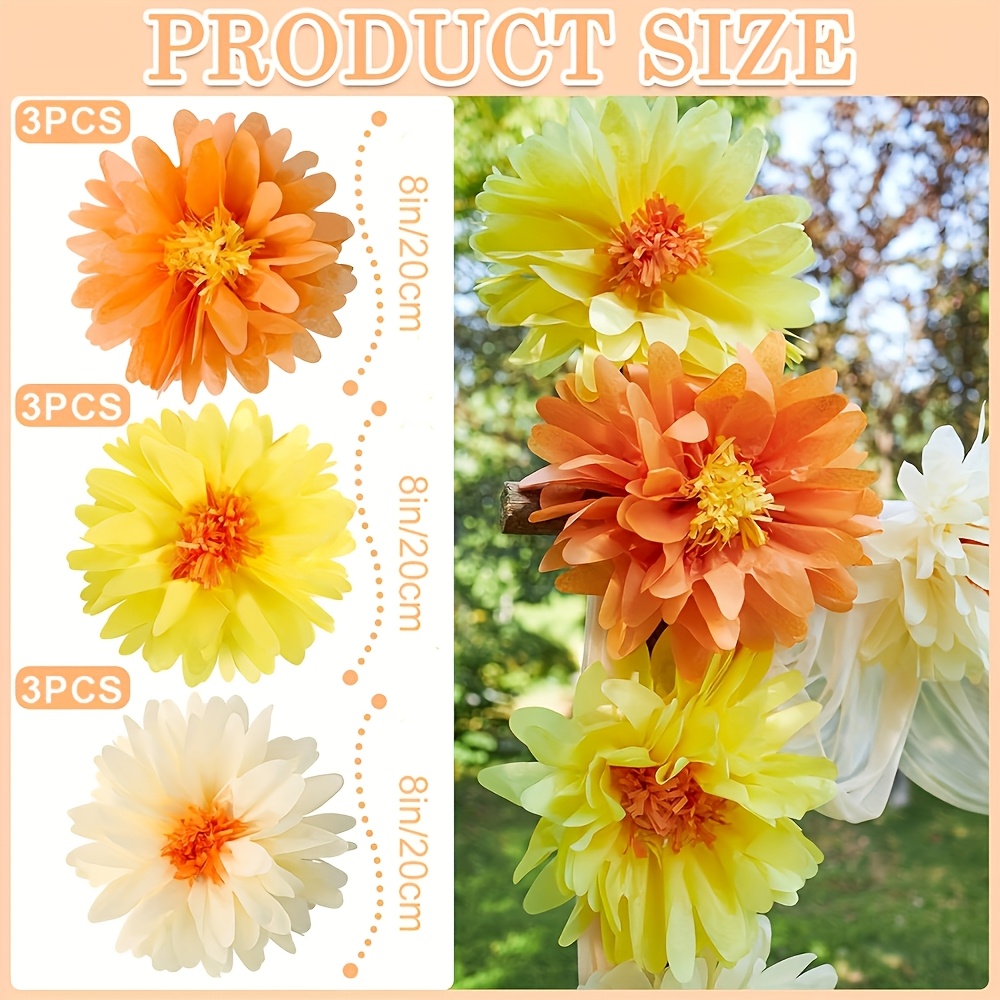 TEMU 9pcs Orange Daisy Paper Pom Pom Set, Suitable For Wedding Party Decorations, Paper Flower Wall Decor, For Indoor And Outdoor Events, Halloween