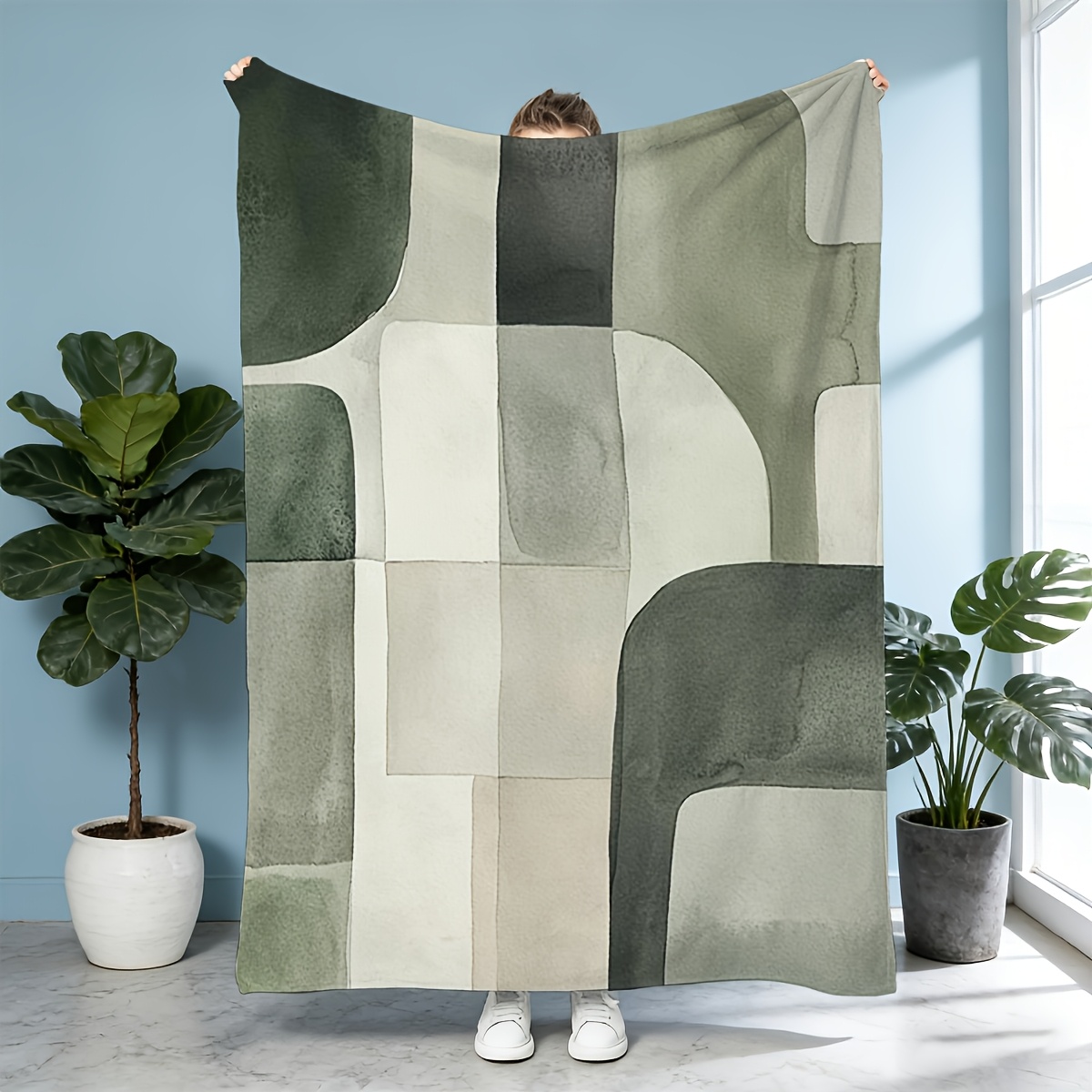 TEMU 1pc Morandi Green Abstract Geometric Themed Flannel Blanket - Pattern Printed Flannel Blanket - 100% Polyester Flannel , Non, Lightweight And