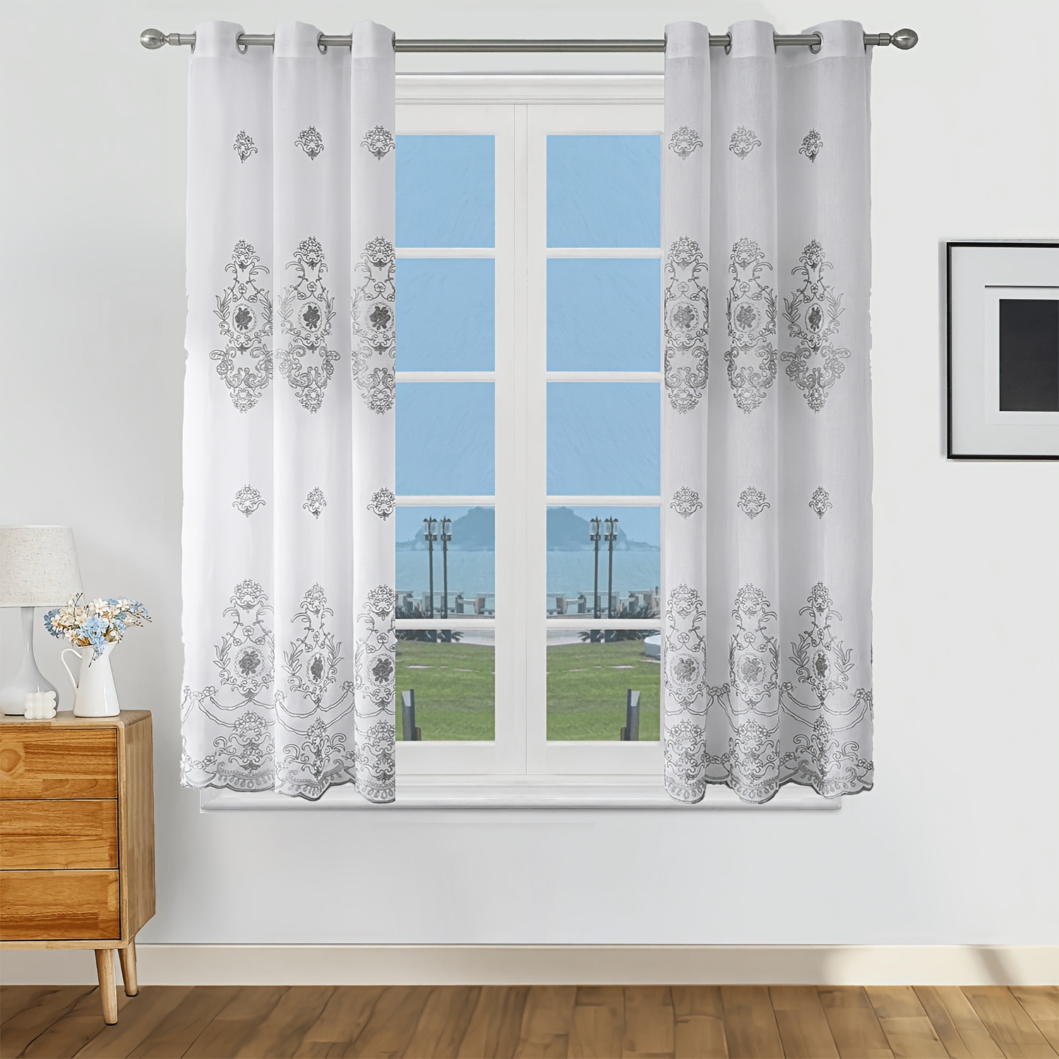 TEMU 2pcs European High-end Gray Full Dori Embroidered Gauze Curtains, Soft And , Suitable For Living Room And Bedroom Privacy Protection Top Hole