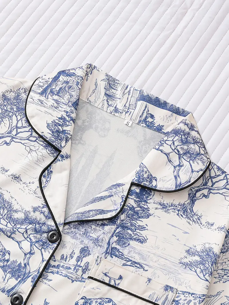 elegant womens sleepwear set pieces featuring full body printed patterns knitted fabric long sleeved button up top with long pants for comfortable wearing collar and pocket details suitable for womens adult sleepwear set Product details 2