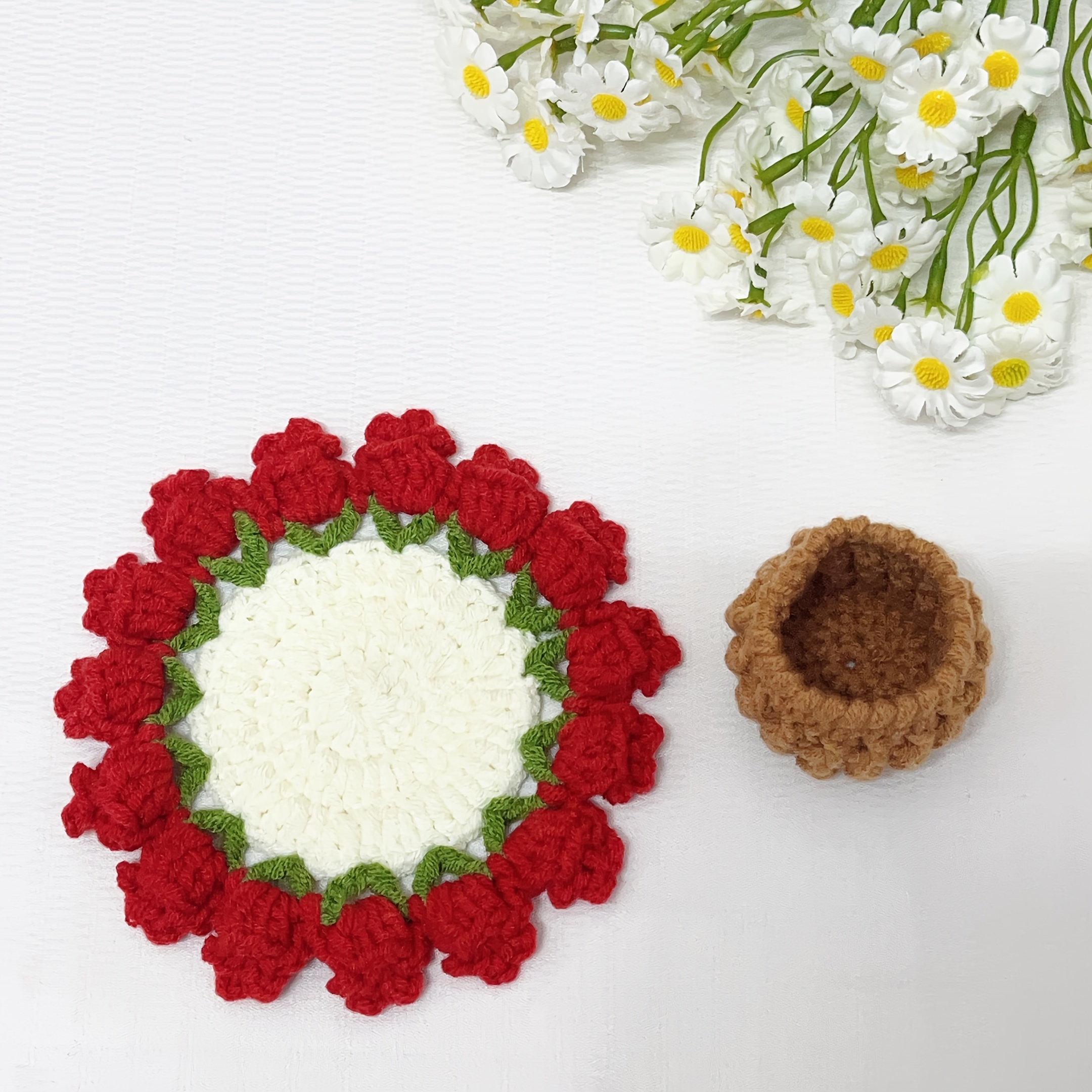 E-shop Handgehäkelter Tulpenstrauß Untersetzer, Tulpenstrauß Untersetzer mit Korb, Hitzebeständige Matte, Desktop Ornament, Weihnachtsgeschenk,