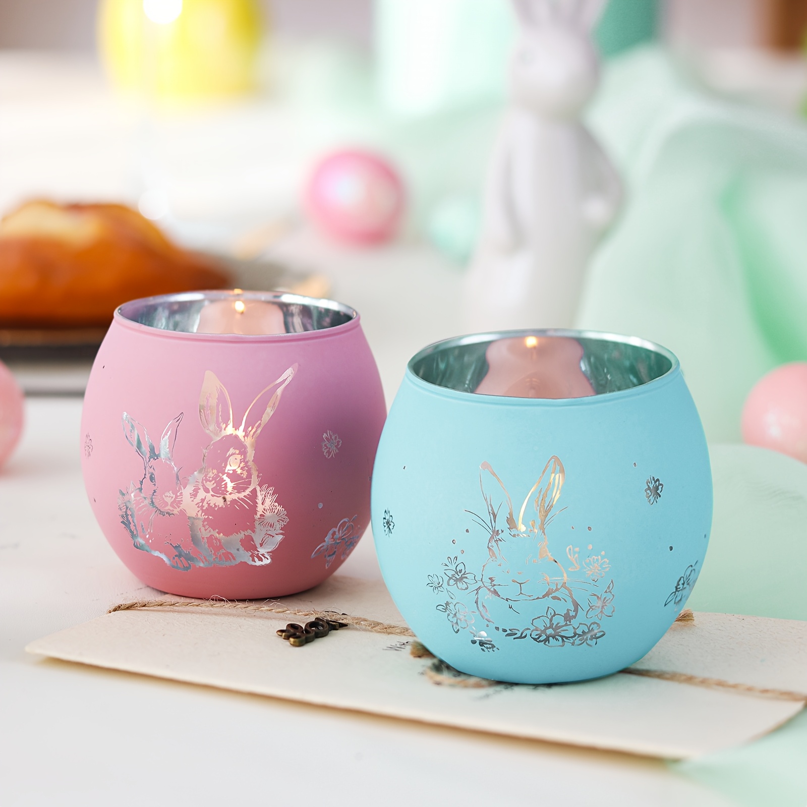 Blue & Pink Easter Bunny Glass Tealight Holders 2pcs Set, Easter Decor Sphere Candle Holders For Tabletop, Decoration, Easter Gift Idea