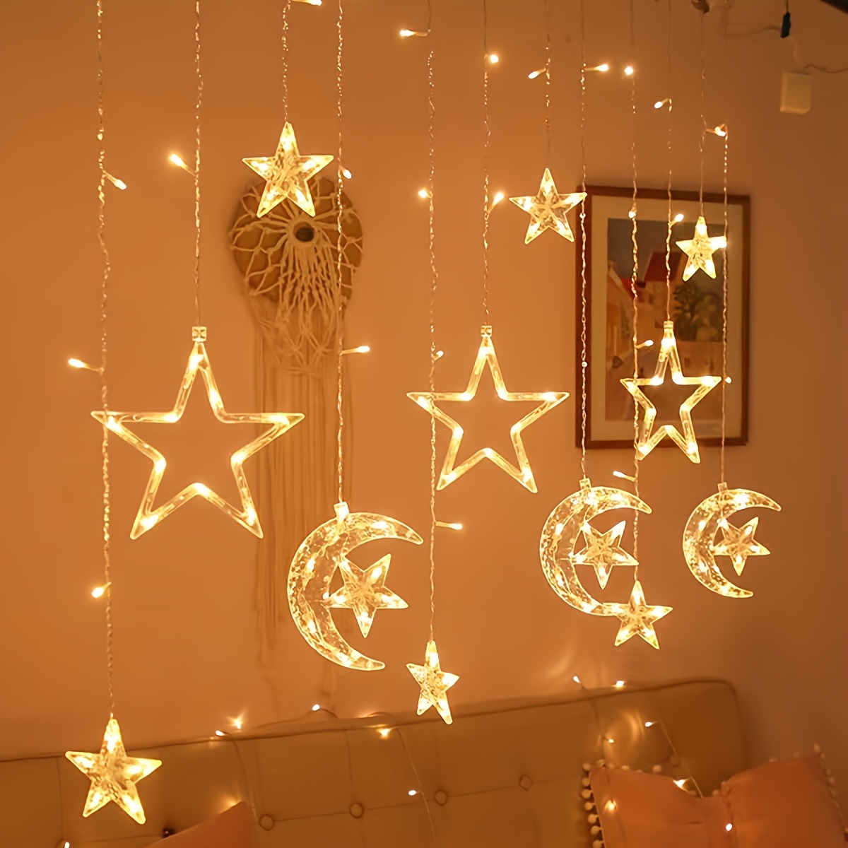 

1 Set Led Fairy Curtain Lights, Adjustable Star And Moon String Lights, Battery Powered, Romantic Garden Decor For Ramadan, Wedding, Birthday, Graduation, Party - No Battery Included