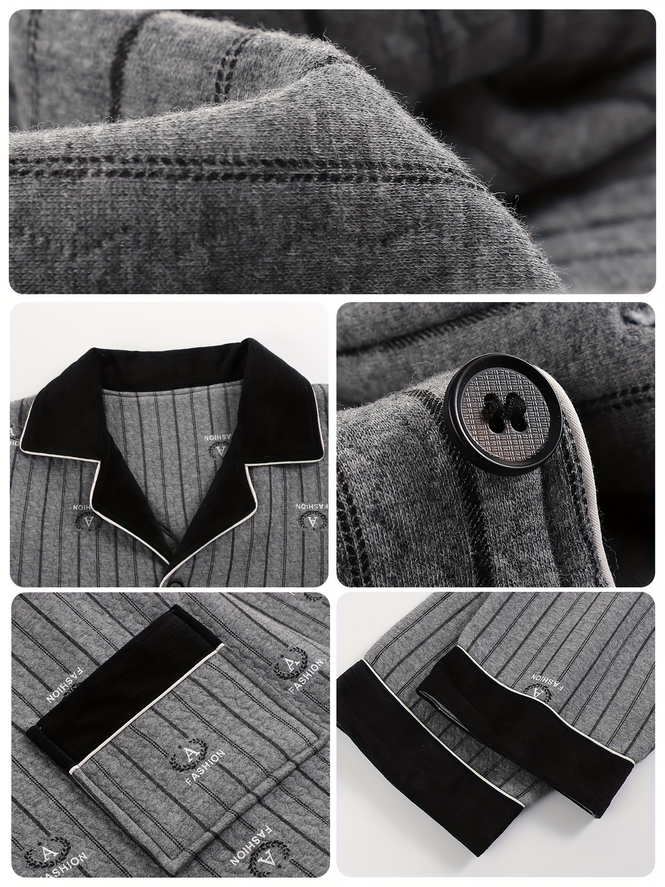 Men'S Casual Cotton Pajama Set with Lapel Collar, Geometric-Pattern, Long Sleeve, Loose Fit, Slight Stretch, Knit Fabric, Winter Warm Thickened, Triple-Layer Cotton Lined Sleepwear with Pockets