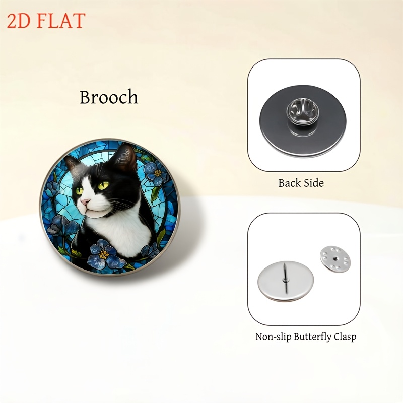 5pc Black & White Cat Jewelry Set with Blue Flower Round Glass Top