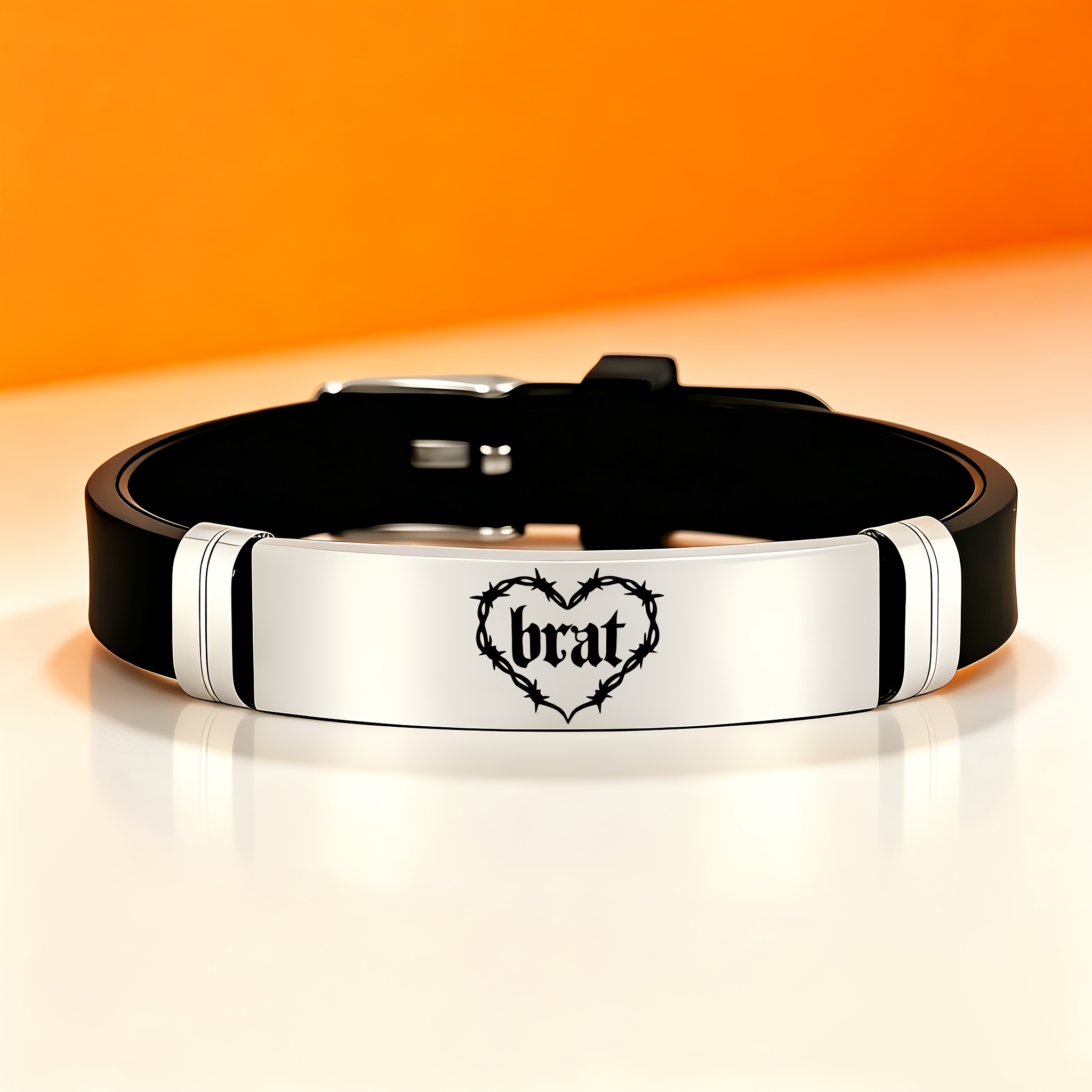Stylish Punk Thorn & Heart Design Stainless Steel Silicone Bracelet