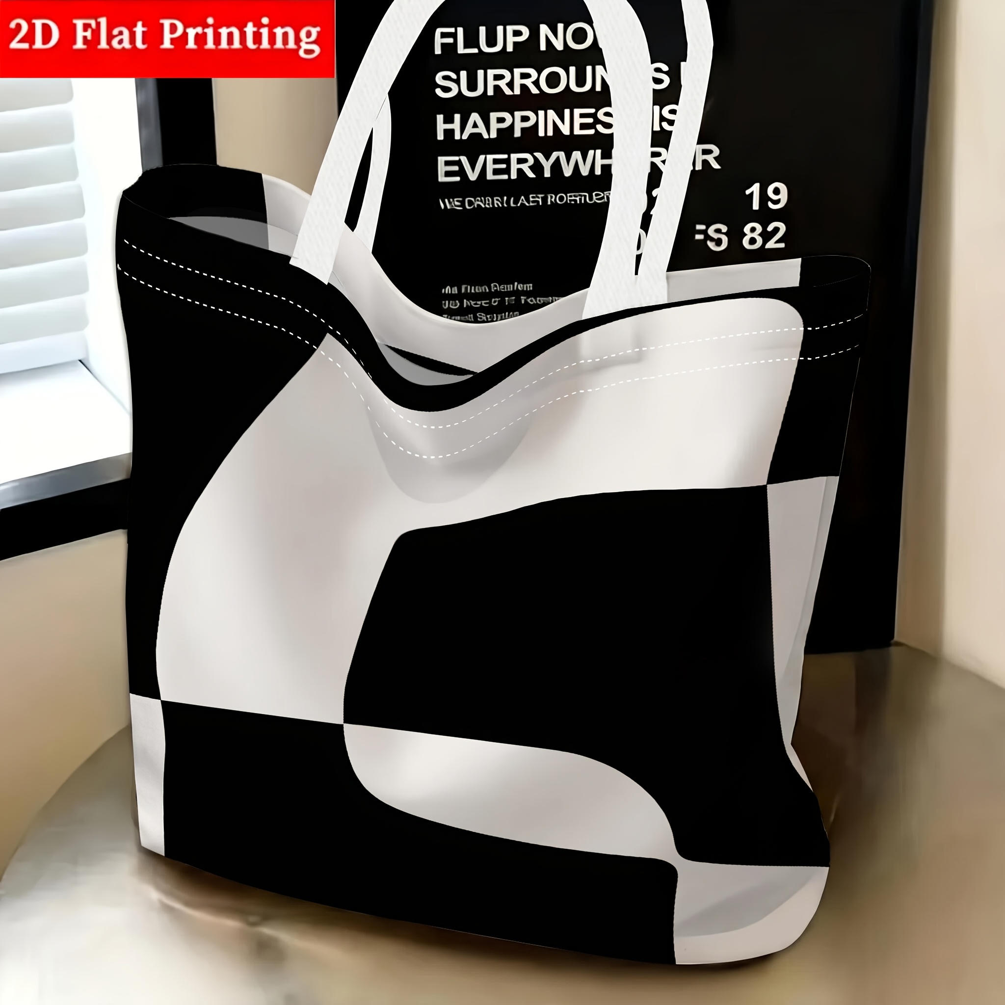 TEMU 1pc, Women' Shoulder Bag, 2d Flat Abstract Geometric Black And White Themed Printed Pattern Shoulder Bag, Exquisite Women's Handbag, Reusable,