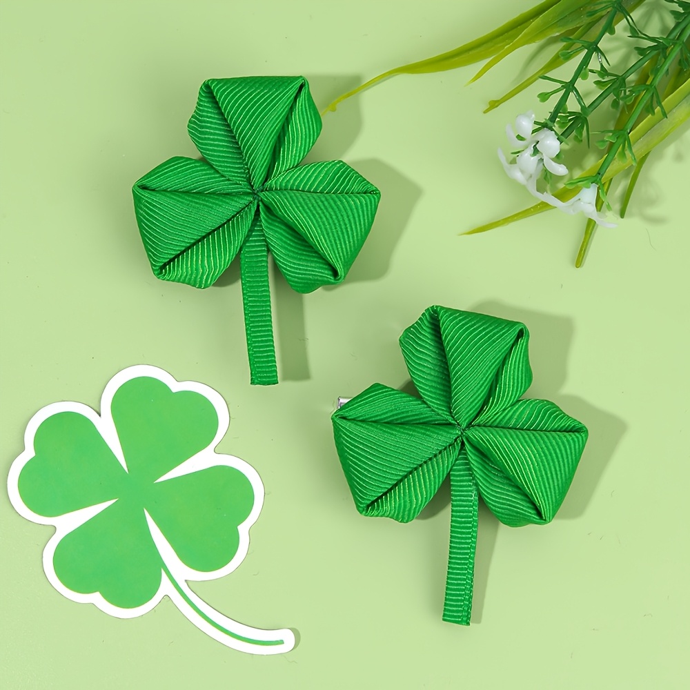 

2pcs Argyle Pattern Shamrock Hair Clips - Green Polyester Non-woven Fabric Barrettes For Teens, Daily & Casual Hair Accessories, 's Day Clover Hairpins