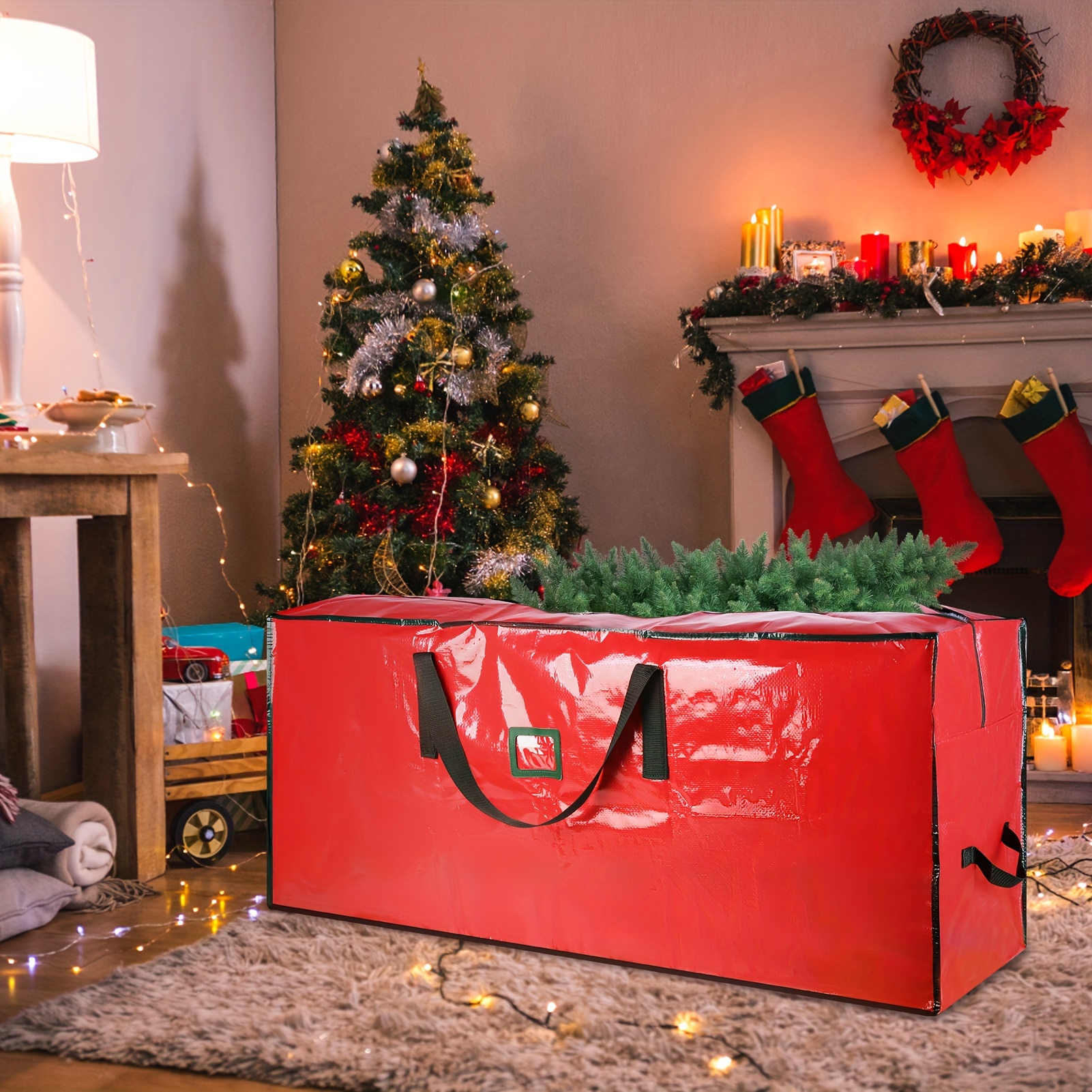 

Waterproof & Dustproof Christmas Tree Storage Bag - To 7ft Artificial Trees, Red With Reinforced Handles & Dual Zipper, Polypropylene Material For Holiday Organization, Laundry Baskets