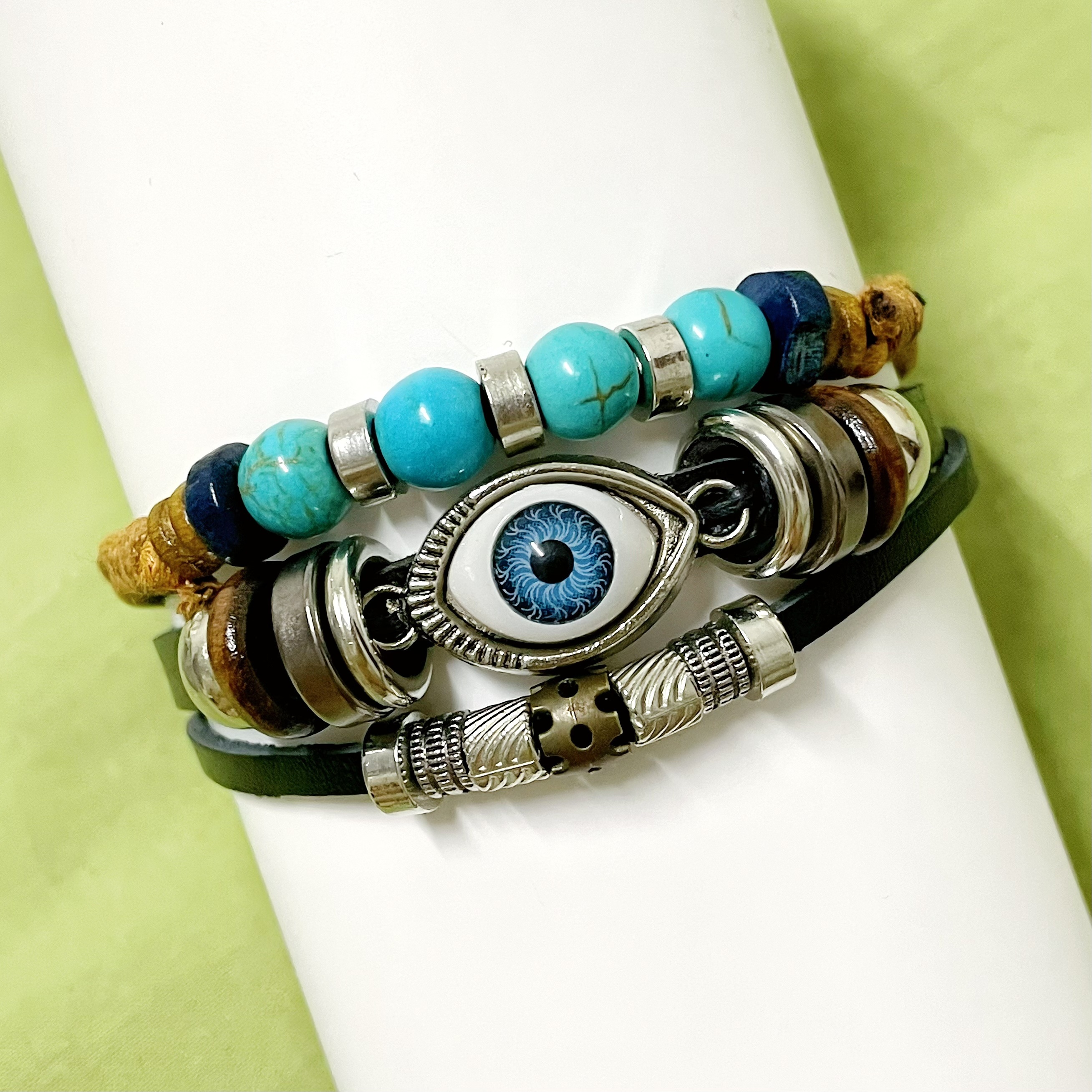 

1pc Tribal Punk Style Adjustable Synthetic Synthetic Leather Bracelet With Blue Eye Beads, , Ideal For Halloween & All