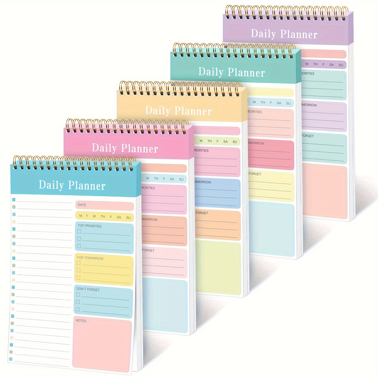 

5 Pack Daily Planner Spiral Notebook - A5 Size With Clear Cover, Double Coil Binding, To Do List Notepad 30 Sheets, Top Priorities, Schedule, Notes Section For Office, Workout, Academic Planning