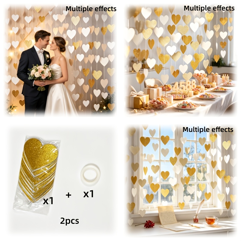 Image of 2pcs/set, 1pc Heart Garland Wedding Hanging Decorations + 1 Roll Of Hanging Rope, Matte White, Light , Dark Bright Decorations - Heart Garland Streamer Outdoor Wedding Hanging Decor - Very