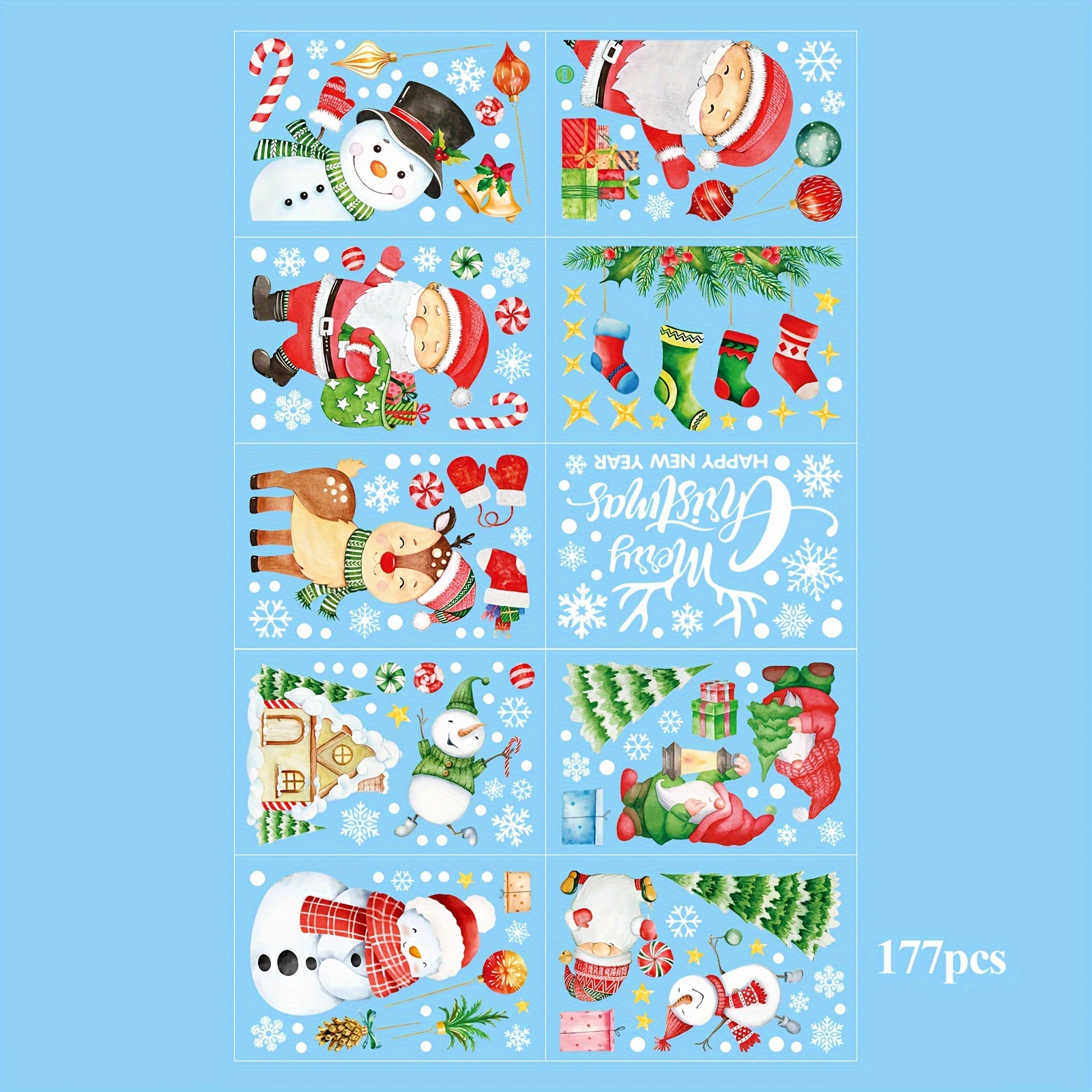 Image of 177pcs Of Festive Window Decorations, Including 10 Sheets Of Snowflake Stickers, Snowman And Stocking Decals, And Santa Claus Window Stickers For Glass Surfaces, Perfect For Decor