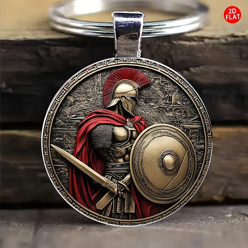 2d Flat Retro Knight Keychain-ancient Greek Warrior Design, Spartan And Red Cape, Alloy Car Key Ring, Halloween Christmas Gift, Home Decoration, Museum