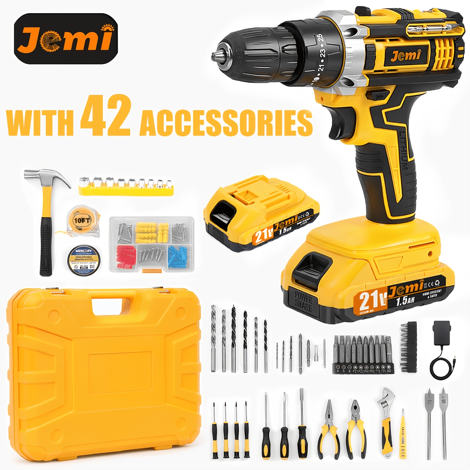TEMU Jemi Tool 12v/21v Cordless Drill Set, 1/2 Battery, 45nm Impact Drill, 25+3 Torque Setting With Led Light, 42 Accessory Combinations , With A