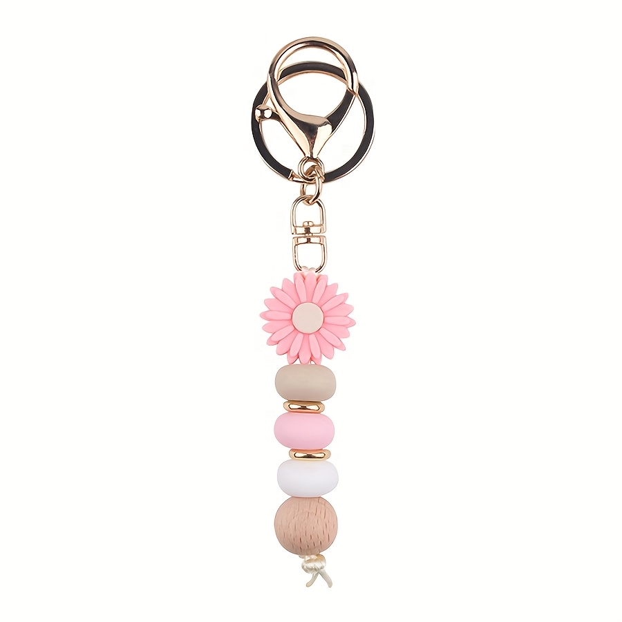 TEMU 1 Bohemian Daisy Silicone Beaded Keychain, Metal Lobster Clasp Pendant, Teacher And Friend, Back To School Gift, Plant Themed Ladies Keychain