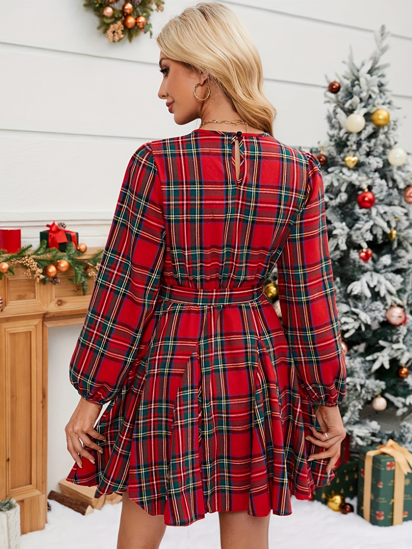 long sleeve red christmas dress for woman Women's Red Plaid Christmas gingham dress