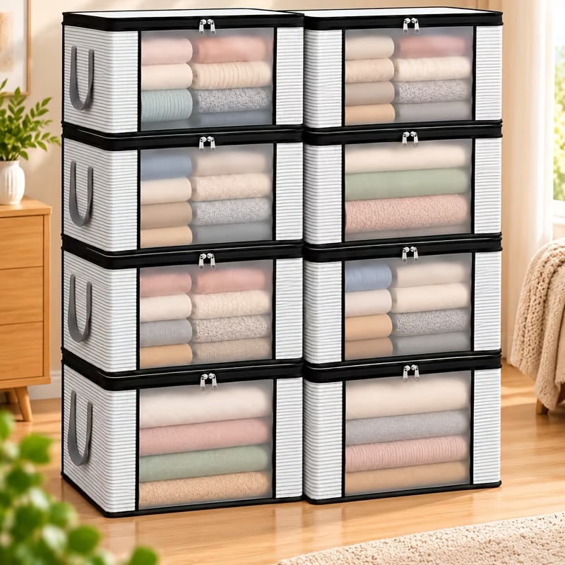 TEMU 8pcs Set Extra Large Gray Striped Foldable Storage Bins With Viewing Window, Durable Folding Storage Organizer Boxes With Zippered Lids And