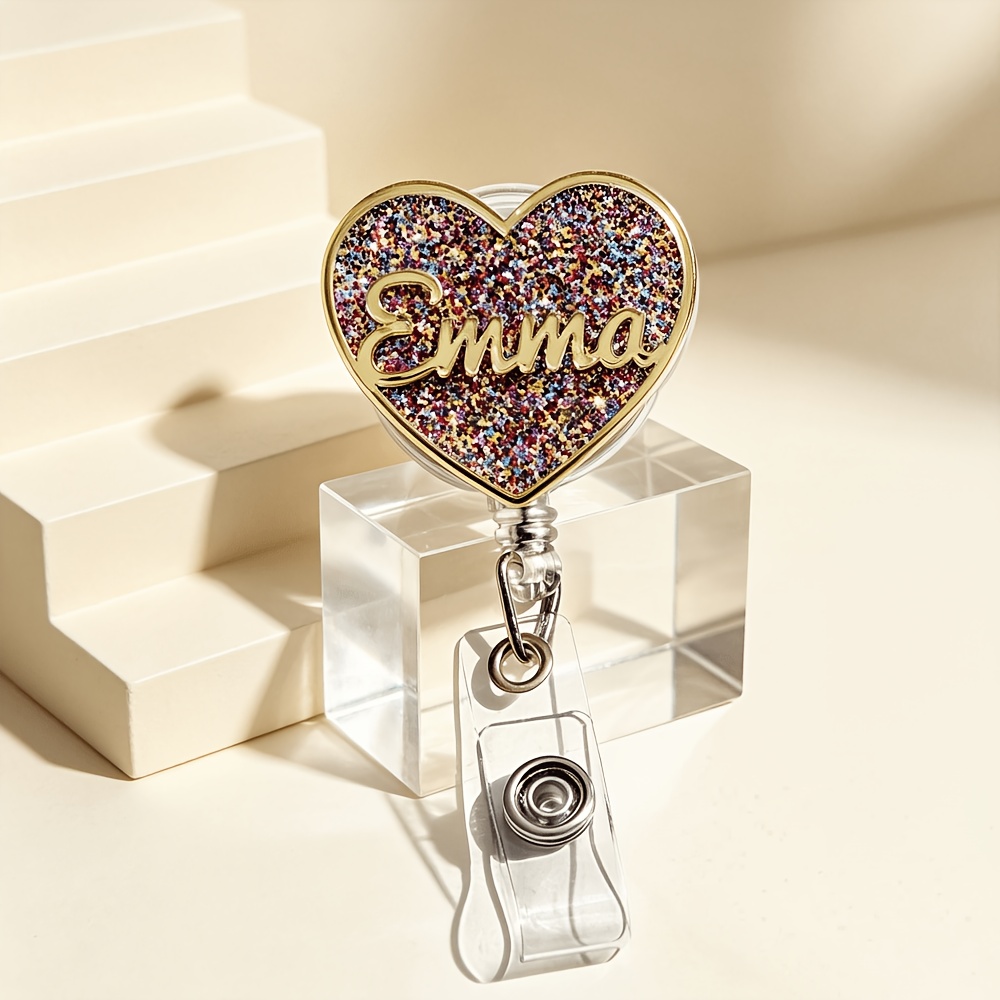 TEMU 2d 1pc Personalized Custom Name Heart-shaped Stretchable Badge Scroll, Personalized Acrylic Glitter Sequined Id , Stretchable Medical Work Card