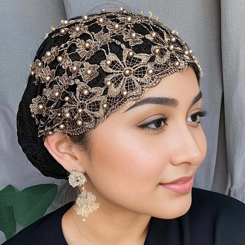 elegant stretchable womens hair hat golden bead embroidery 