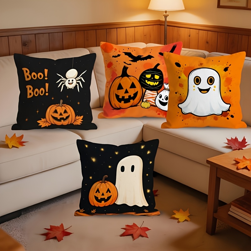 TEMU 4pcs (4 Pack) Spooky Halloween Cushion Covers Suitable For Sofa - Double-sided Pumpkin Bat Print Pillowcases With Zipper Closure, Machine