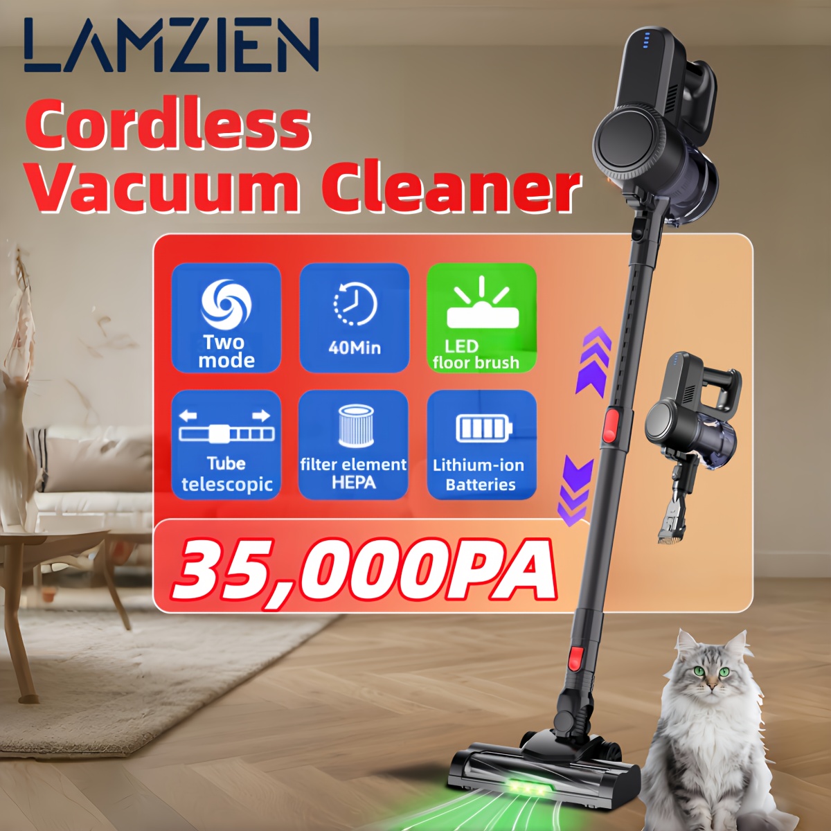 Image of 35kpa Powerful Cleaner With 40 , Self-standing Lightweight Cordless Vacuum Suitable For Carpets, Pet Hair, Hard Floors, Tile & Car Cleaning, Hepa Filter, Anti- Brush & Spin Bin, Voltage 110-220
