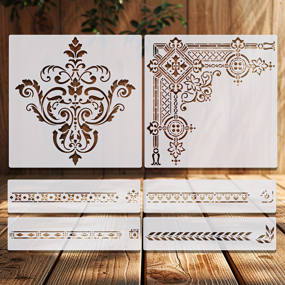 Image of 6pcs Reusable Stencil Set For Art, Walls & Furniture - Includes Brocade, Border & Corner Designs - Ideal For Fabric Decor & Spray Painting, Stencils For Painting